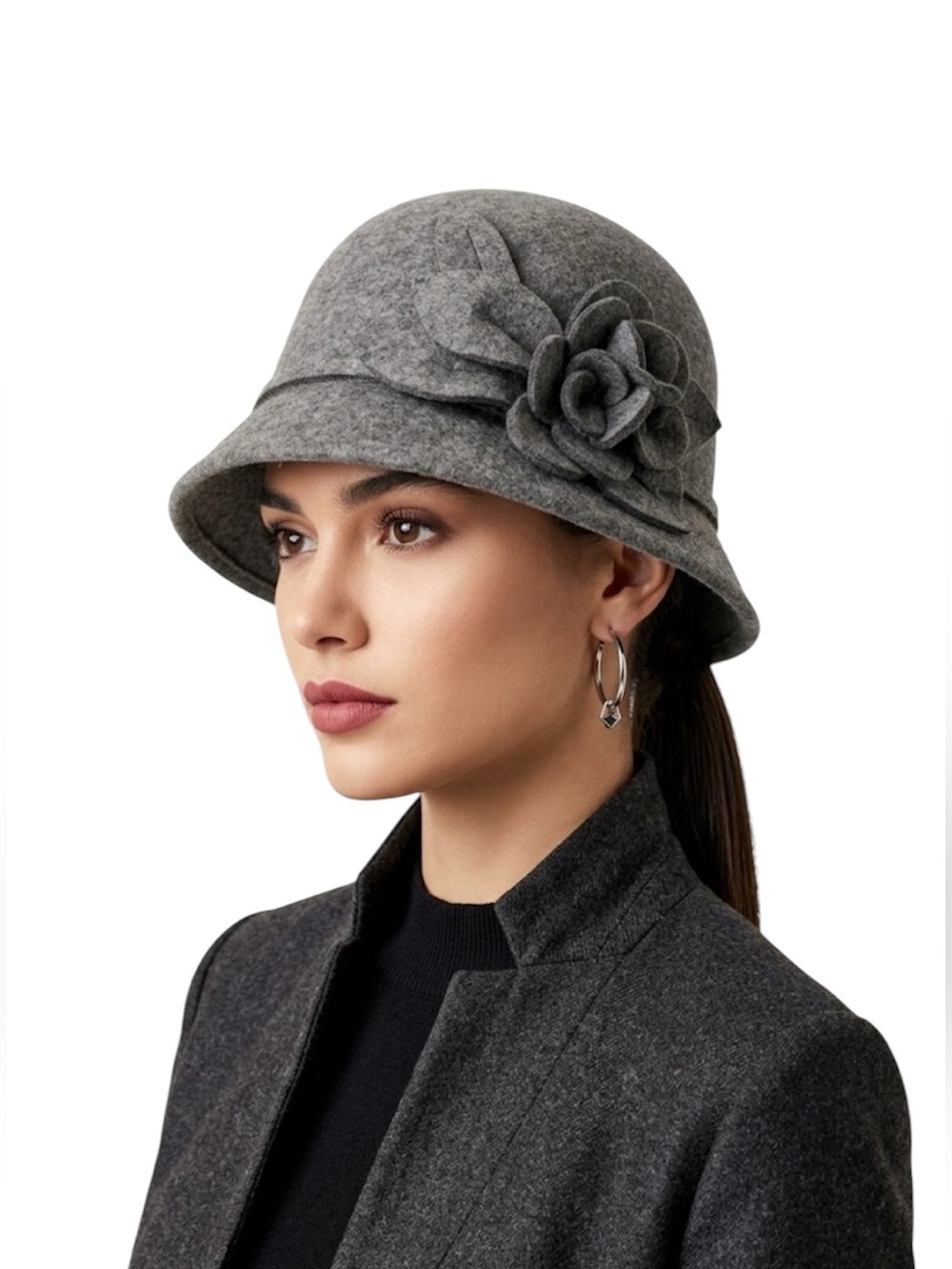 NWOT Nine West Gray 100% Wool Felt Cloche Hat with Flower Accent